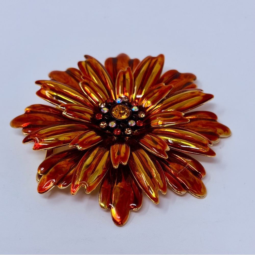 Joan Rivers Orange Gold Tone Flower Brooch Multicolor Rhinestone Cluster Signed